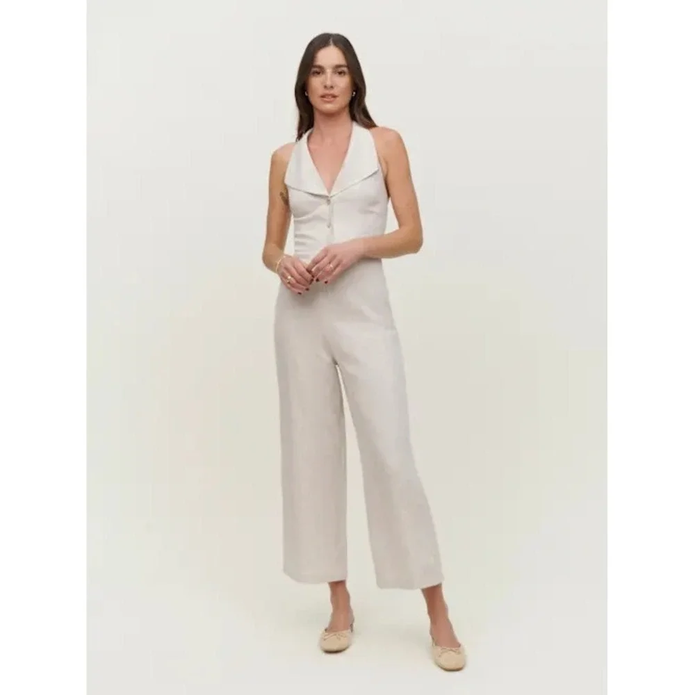 Reformation Billie Linen Jumpsuit Size 4 NWOT Oatmeal Wide Leg Sleeveless Resort